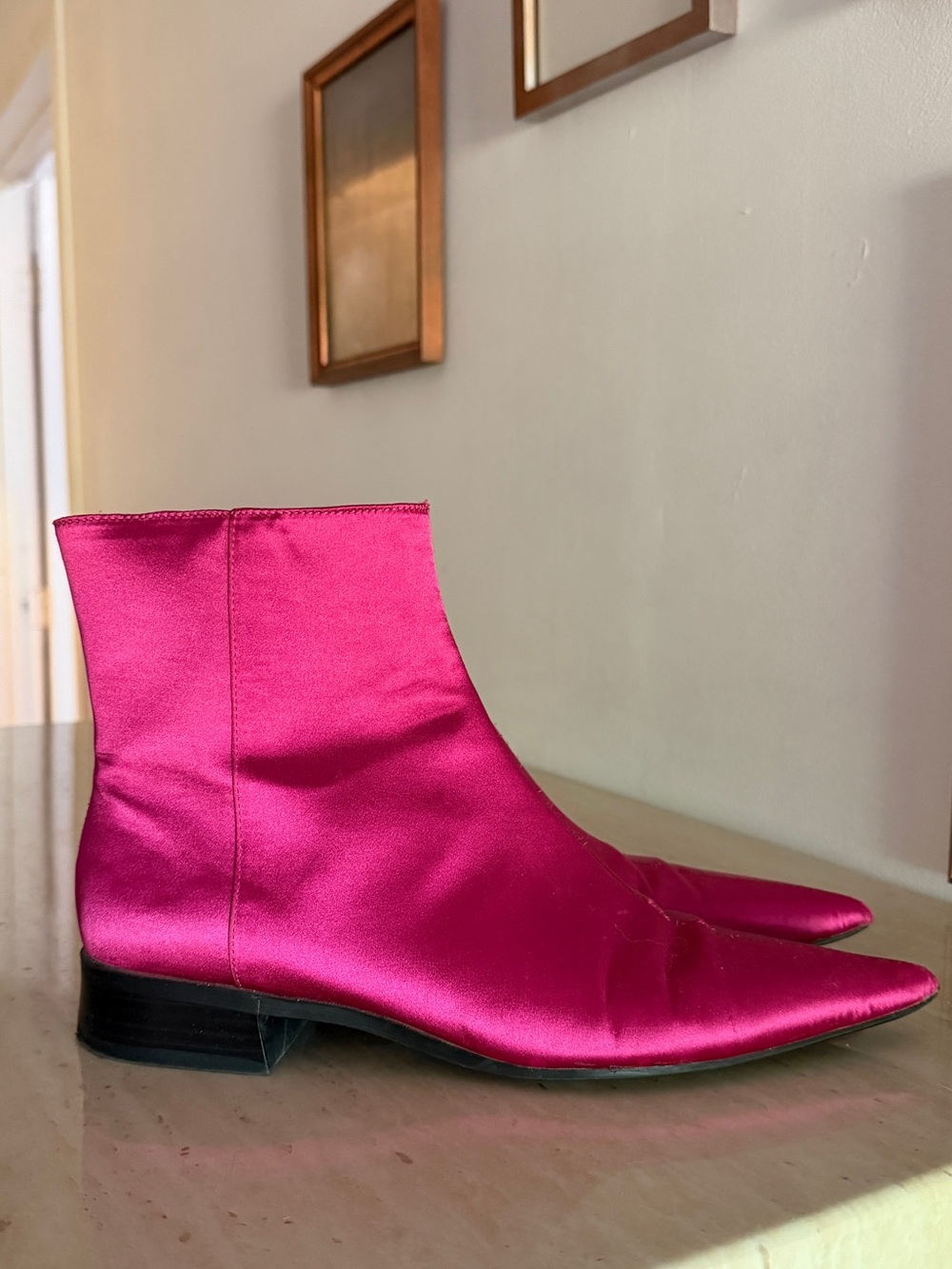 Hot Pink Satin Pointed Ankle Booties || ZARA || size 40